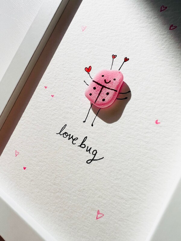 Love Bug Sea Glass Art | Adorable Valentine Decor | Fun Vday Gift | 4"x 6" | Coastal Valentine's Day